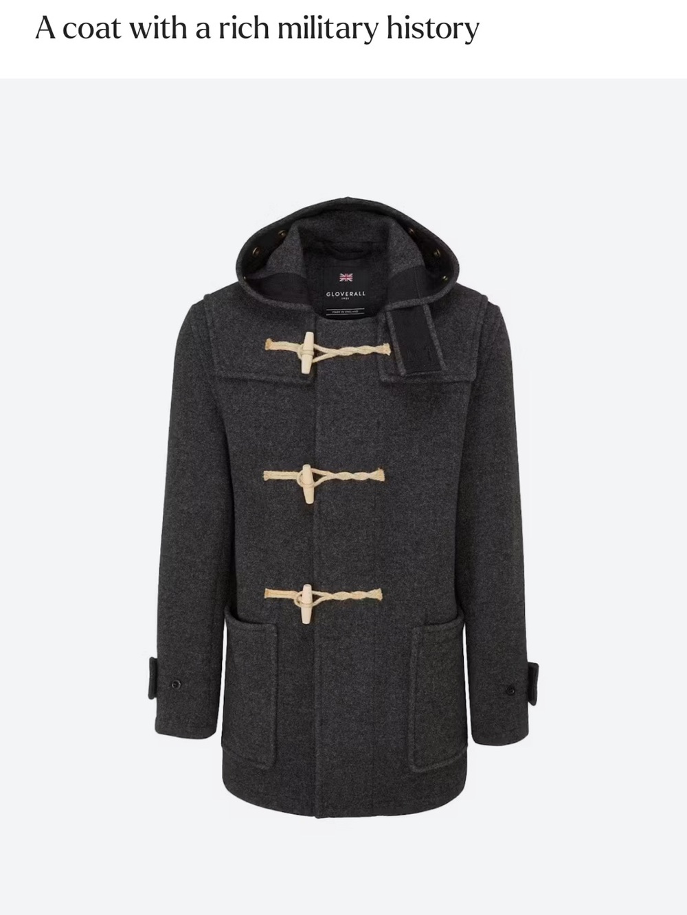 Gloverall Men's Charcoal Mid Monty Duffle Coat with Toggle Fastenings